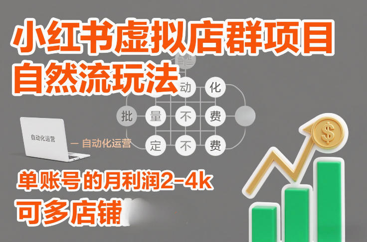 小红书虚拟店群项目，自然流玩法，批量自动化，稳定不费号，单账号的月利润2-4k，可多店矩阵-大象聊项目