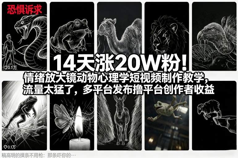 14天涨20W粉！情绪放大镜动物心理学短视频制作教学，流量太猛了，多平台发布撸平台创作者收益-大象聊项目