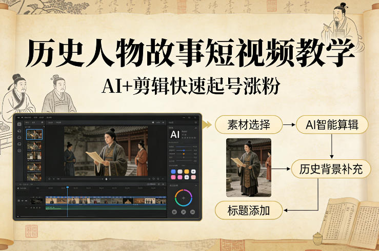 历史人物故事短视频教学，AI+剪辑制作历史人物题材短视频，快速起号涨粉-大象聊项目
