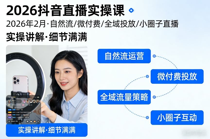 2026抖音直播实操课2026年2月，自然流、微付费、全域投放、小圈子直播，实操讲解，细节满满-大象聊项目