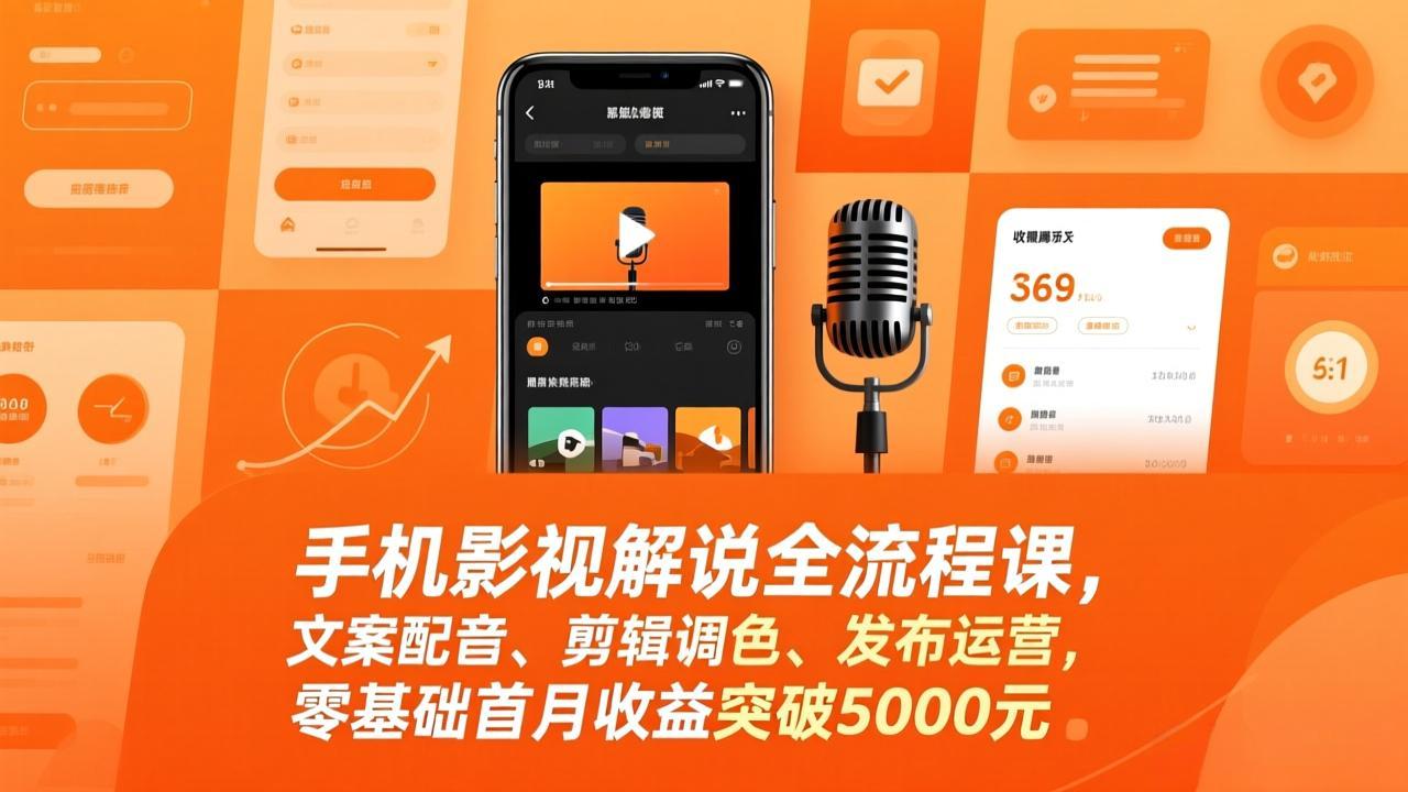 手机影视解说全流程课，文案配音、剪辑调色、发布运营，零基础首月收益突破5000元-大象聊项目