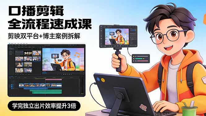 口播剪辑全流程速成课，剪映双平台+博主案例拆解，学完独立出片效率提升3倍-大象聊项目