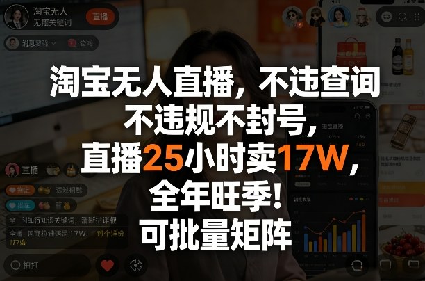 淘宝无人直播，不违规不封号，直播25小时卖17W，全年旺季！可批量矩阵【揭秘】-大象聊项目