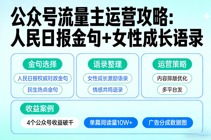 利用人民日报金句+女性成长语录做公众号流量主，4个公众号收益破千-大象聊项目
