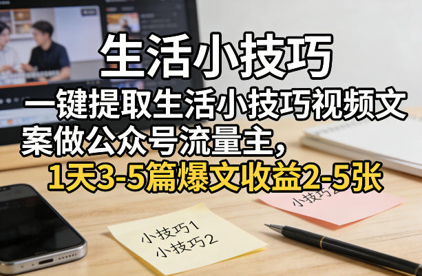 一键提取生活小技巧视频文案做公众号流量主，1天3-5篇爆文收益2-5张-大象聊项目