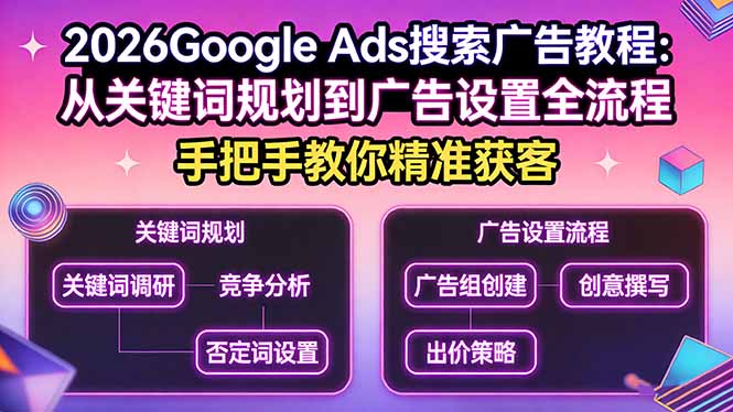 2026Google Ads搜索广告教程：从关键词规划到广告设置全流程，手把手教你精准获客-大象聊项目