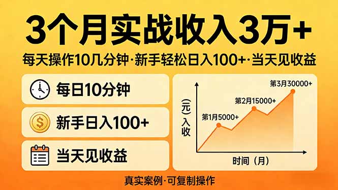 3个月实战收入3万+，每天操作10几分钟，新手轻松日入100+，当天见收益-大象聊项目