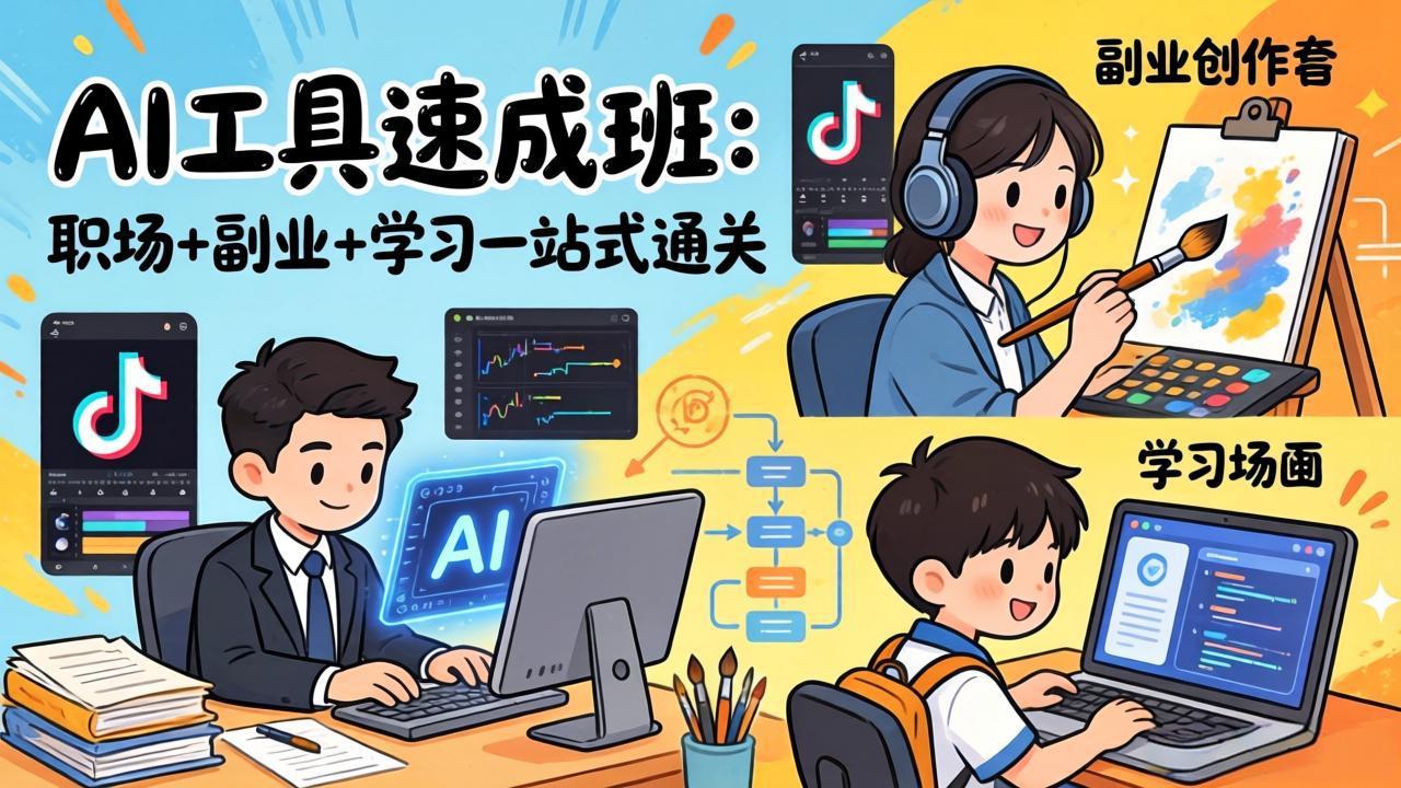 AI工具速成班：职场+副业+学习一站式通关，20+爆款类型+剪映技巧+抖音算法，0基础快速上手-大象聊项目