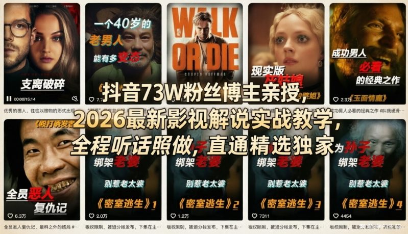 抖音73W粉丝博主亲授，2026最新影视解说实战教学，全程听话照做，直通精选独家-大象聊项目