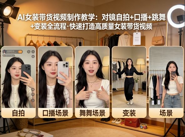 AI女装带货视频制作教学，对镜自拍、口播、跳舞、变装全流程，快速打造高质量女装带货视频-大象聊项目