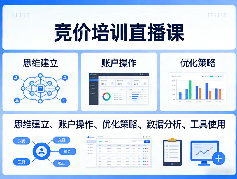 竞价培训直播课，覆盖思维建立、账户操作、优化策略、数据分析、工具使用等，全方位提升效果-大象聊项目