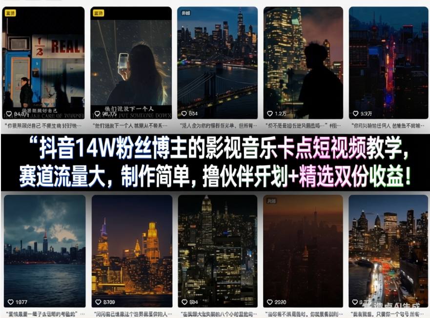 抖音14W粉丝博主的影视音乐卡点短视频教学，赛道流量大，制作简单，撸伙伴计划+精选双份收益！-大象聊项目