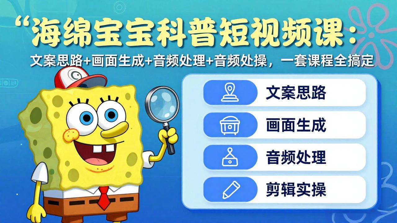 海绵宝宝科普短视频课：文案思路+画面生成+音频处理+剪辑实操，一套课程全搞定-大象聊项目