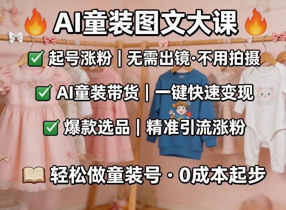 AI童装图文剪辑，某社群童装图文大课，起号涨粉、AI童装带货、爆款选品，无需出镜和拍摄-大象聊项目