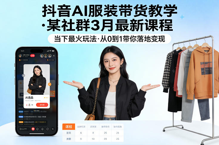 抖音AI服装带货教学，某社群3月最新课程，当下最火玩法，从0到1带你落地变现-大象聊项目