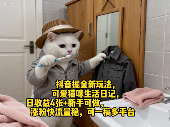 抖音掘金新玩法，可爱猫咪生活日记，日收益4张+新手可做，涨粉快流量稳，可一稿多平台-大象聊项目