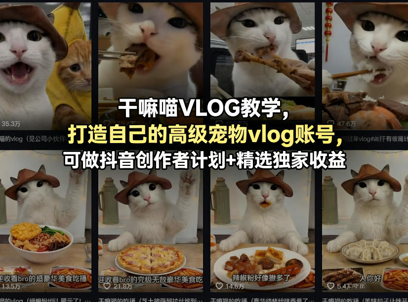 干嘛喵VLOG教学，打造自己的高级宠物vlog账号，可做抖音创作者计划+精选独家收益-大象聊项目