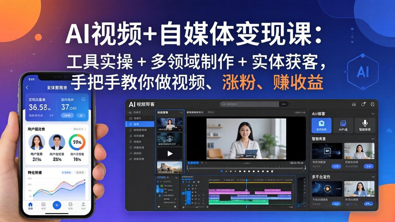 AI视频+自媒体变现课：工具实操 + 多领域制作 + 实体获客，手把手教你做视频、涨粉、赚收益-大象聊项目