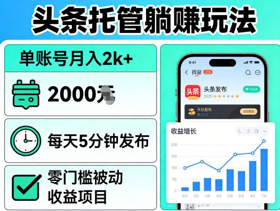 头条托管躺賺玩法，单账号月入2k+，每天5分钟发布即可，零门槛被动收益项目【揭秘】-大象聊项目