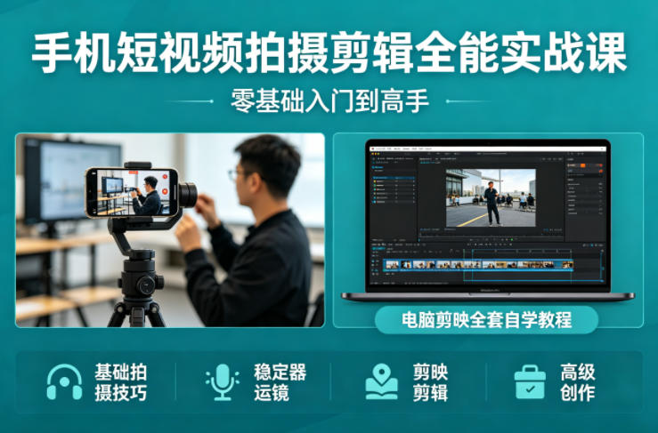 手机短视频拍摄剪辑全能实战课：零基础入门到高手，稳定器运镜+电脑剪映全套自学教程-大象聊项目