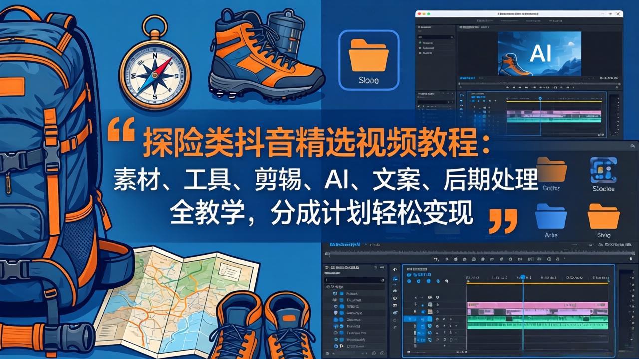探险类抖音精选视频教程：素材、工具、剪辑、AI、文案、后期处理全教学，分成计划轻松变现-大象聊项目