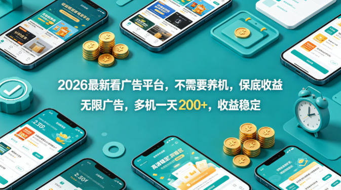 2026最新看广告平台，不需要养机，保底收益，无限广告，多机一天200+，收益稳定【揭秘】-大象聊项目