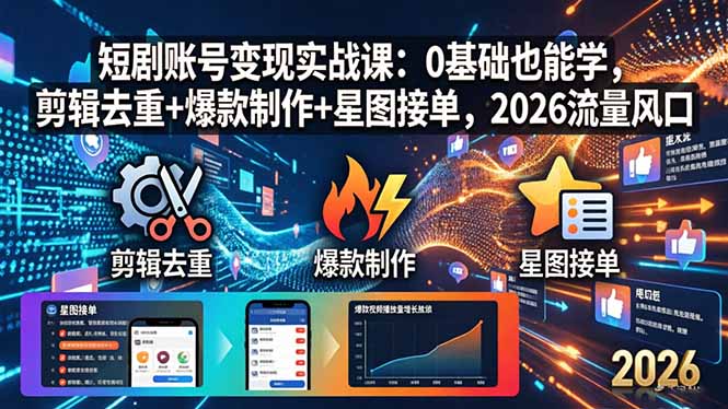 短剧账号变现实战课：0基础也能学，剪辑去重+爆款制作+星图接单，2026流量风口-大象聊项目