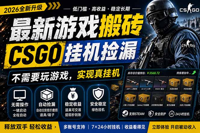 最新游戏搬砖，CSGO纯挂机，不需要玩游戏，实现真挂机，月入1W+，五一小高峰上车可吃肉，…-大象聊项目