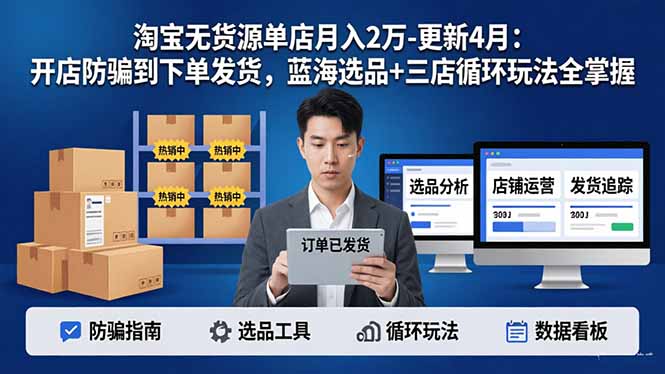淘宝无货源5.0单店月入2万-更新4月：开店防骗到下单发货，蓝海选品+三店循环玩法全掌握-大象聊项目
