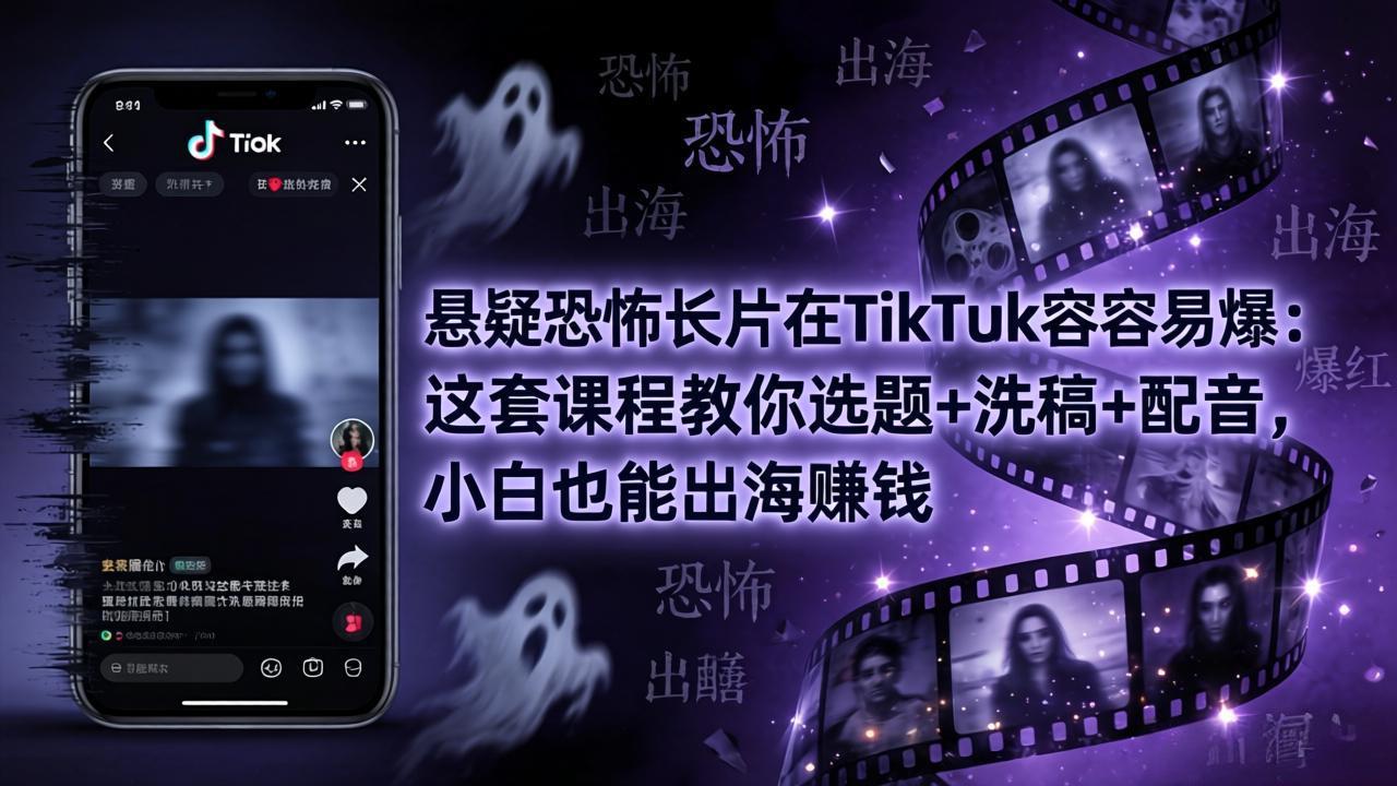 悬疑恐怖长片在TikTok最容易爆：这套课程教你选题+洗稿+配音，小白也能出海赚钱-大象聊项目