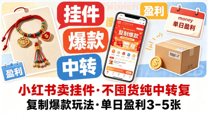 小红书卖挂件，不囤货纯中转复制爆款玩法，单日盈利3-5张-大象聊项目