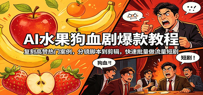 AI水果狗血剧爆款教程：复刻高赞热门案例，分镜脚本到剪辑，快速批量做流量短剧-大象聊项目