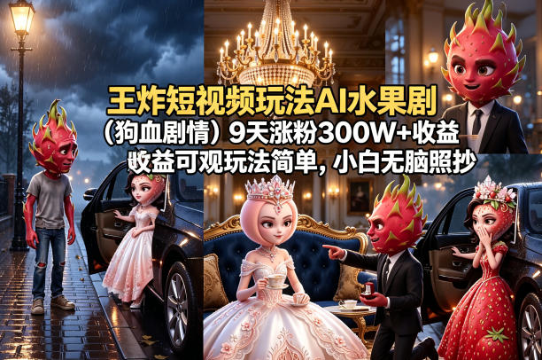 王炸短视频玩法AI水果剧(狗血剧情)9天涨粉300W+收益可观玩法简单，小白无脑照抄，详细拆解玩法-大象聊项目