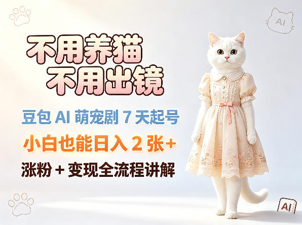 不用养猫不用出镜，豆包AI萌宠剧7天起号，小白也能日入2张+，涨粉+变现全流程讲解-大象聊项目