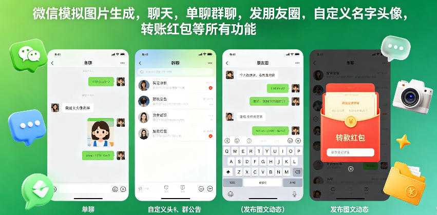 微信模拟图片生成，聊天，单聊群聊，发朋友圈，自定义名字头像，转账红包等所有功能都可以生成-大象聊项目