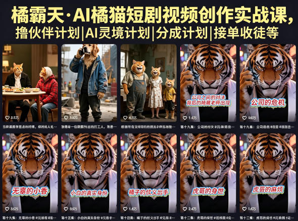 橘霸天·AI橘猫短剧视频创作实战课，撸伙伴计划|AI灵境计划|分成计划|接单收徒等-大象聊项目