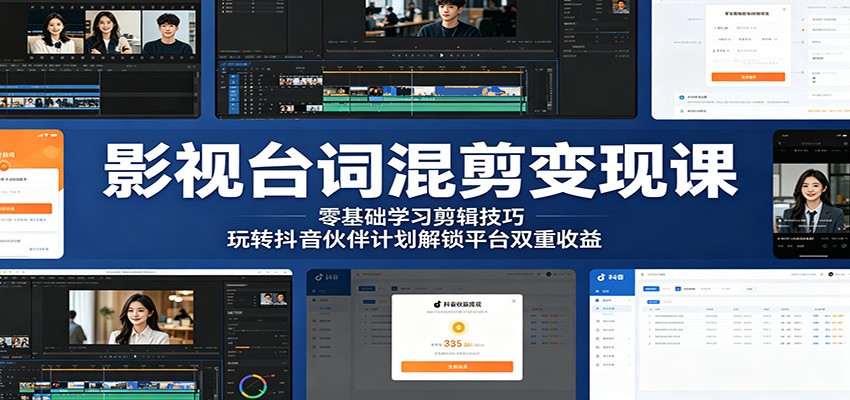 影视台词混剪变现课：零基础学习剪辑技巧，玩转抖音伙伴计划解锁平台双重收益-大象聊项目