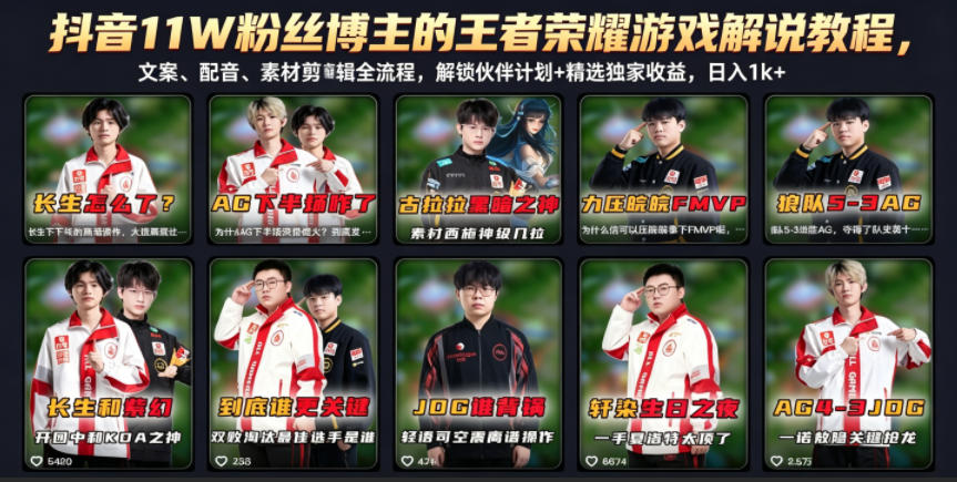 抖音11W粉丝博主的王者荣耀游戏解说教程，文案、配音、素材剪辑全流程，解锁伙伴计划+精选独家收益，日入1k+-大象聊项目