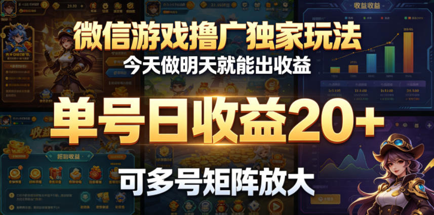 微信游戏撸广独家玩法，今天做明天就能出收益，单号日收益20+，可多号矩阵放大-大象聊项目
