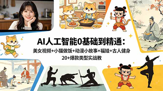 AI人工智能0基础到精通：美女视频+小猫做饭+动漫小故事+福娃+古人健身，20+爆款类型实战教学-大象聊项目
