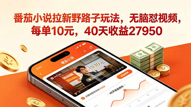番茄小说拉新野路子玩法，无脑怼视频，每单10元，40天收益27950-大象聊项目