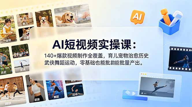 AI短视频实操课：140+爆款视频制作全覆盖，育儿宠物治愈历史武侠舞蹈运动，零基础也能批量产出-大象聊项目