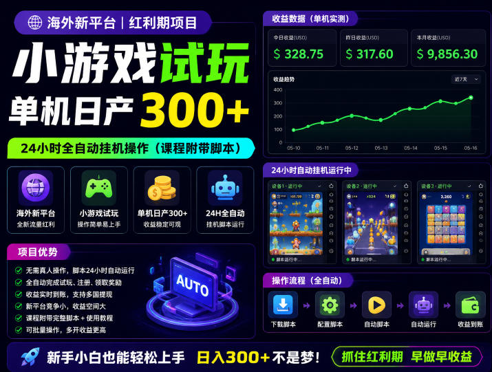 海外新平台，小游戏试玩，单机日产300+，24小时全自动挂G操作(课程附带脚本)【揭秘】-大象聊项目