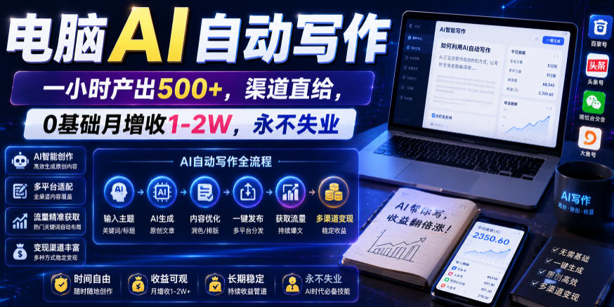 电脑AI自动写作，一小时产出500+，渠道直给，0基础月增收1-2W，永不失业【揭秘】-大象聊项目
