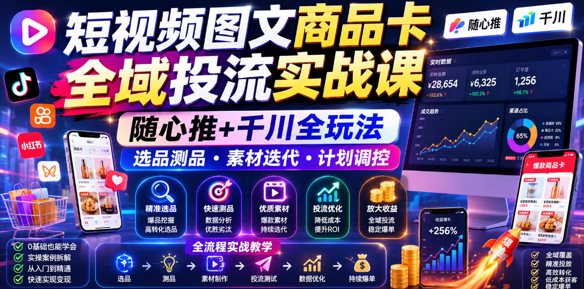 短视频图文商品卡全域投流实战课，随心推+千川全玩法，选品测品・素材迭代・计划调控，提升ROI爆单增收教程-大象聊项目