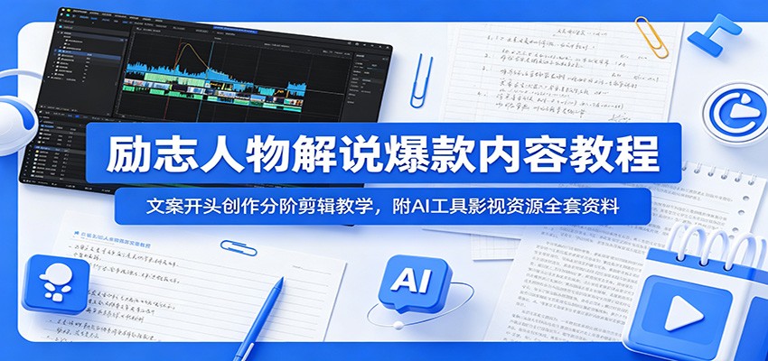 励志人物解说爆款内容教程：文案开头创作分阶剪辑教学，附AI 工具影视资源全套资料-大象聊项目