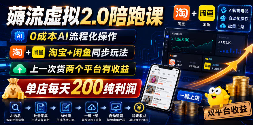 薅流虚拟2.0陪跑课，0成本AI流程化操作，淘宝+闲鱼同步玩法，上一次货两个平台有收益，单店每天200纯利润-大象聊项目
