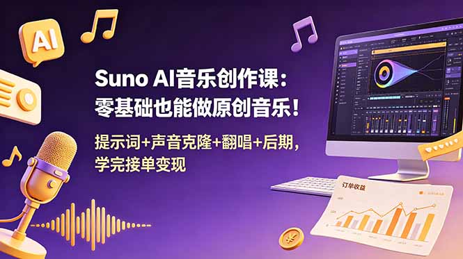 Suno AI音乐创作课：零基础也能做原创音乐！提示词+声音克隆+翻唱+后期，学完接单变现-大象聊项目