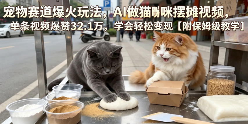 宠物赛道爆火玩法，AI做猫咪摆摊视频，单条视频爆赞32.1万，学会轻松变现【附保姆级教学】-大象聊项目