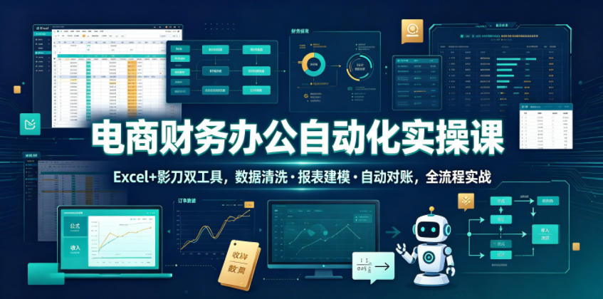 电商财务办公自动化实操课，Excel+影刀双工具，数据清洗・报表建模・自动对账，全流程实战-大象聊项目